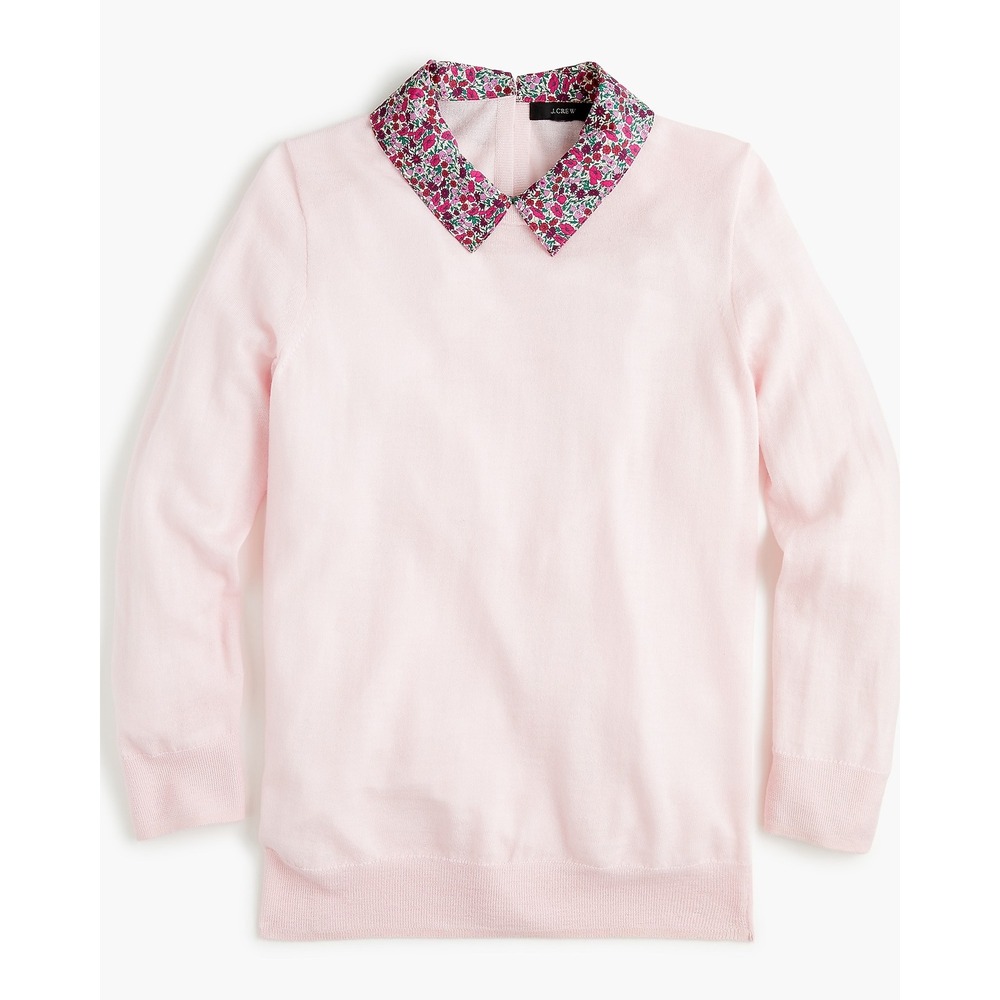 J Crew Women Tippi Sweater XS Pink 100% Merino Wool Liberty Fabric Floral Collar